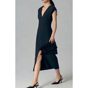 Anthropologie Small Modern Slim Stretchy Midi Black LBD Cap Sleeve Bodycon Dress